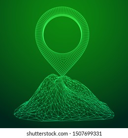 Geo map pin on mountain peak top. Place symbol GPS pictogram. Wireframe low poly mesh vector illustration