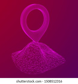 Geo map pin on mountain peak top. Place symbol GPS pictogram. Wireframe low poly mesh vector illustration