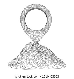 Geo map pin on mountain peak top. Place symbol GPS pictogram. Wireframe low poly mesh vector illustration