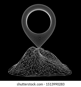 Geo map pin on mountain peak top. Place symbol GPS pictogram. Wireframe low poly mesh vector illustration