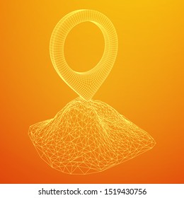 Geo map pin on mountain peak top. Place symbol GPS pictogram. Wireframe low poly mesh vector illustration