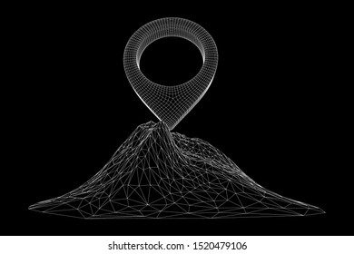 Geo map pin on mountain peak top. Place symbol GPS pictogram. Wireframe low poly mesh vector illustration