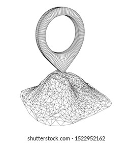 Geo map pin on mountain peak top. Place symbol GPS pictogram. Wireframe low poly mesh vector illustration