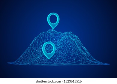 Geo map pin on mountain peak top. Place symbol GPS pictogram. Wireframe low poly mesh vector illustration