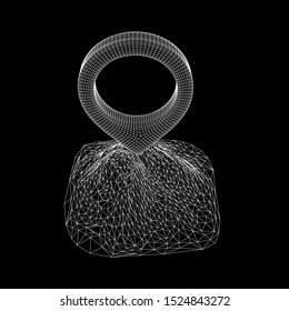 Geo map pin on mountain peak top. Place symbol GPS pictogram. Wireframe low poly mesh vector illustration
