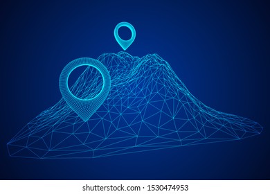 Geo map pin on mountain peak top. Place symbol GPS pictogram. Wireframe low poly mesh vector illustration
