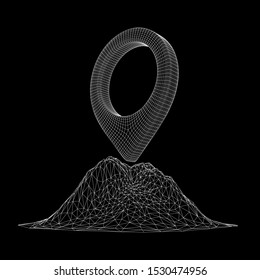 Geo map pin on mountain peak top. Place symbol GPS pictogram. Wireframe low poly mesh vector illustration