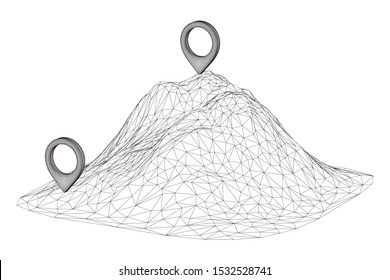 Geo map pin on mountain peak top. Place symbol GPS pictogram. Wireframe low poly mesh vector illustration