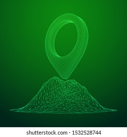 Geo map pin on mountain peak top. Place symbol GPS pictogram. Wireframe low poly mesh vector illustration