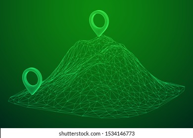 Geo map pin on mountain peak top. Place symbol GPS pictogram. Wireframe low poly mesh vector illustration