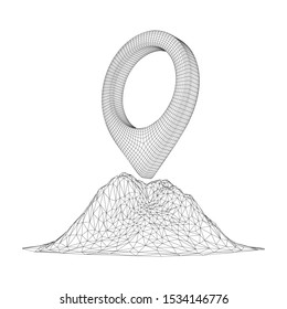 Geo map pin on mountain peak top. Place symbol GPS pictogram. Wireframe low poly mesh vector illustration