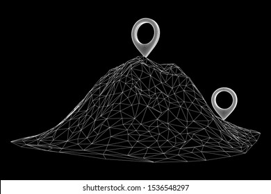 Geo map pin on mountain peak top. Place symbol GPS pictogram. Wireframe low poly mesh vector illustration