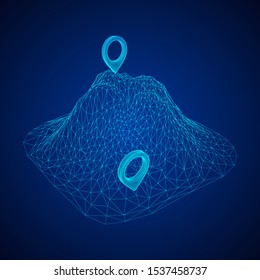 Geo map pin on mountain peak top. Place symbol GPS pictogram. Wireframe low poly mesh vector illustration