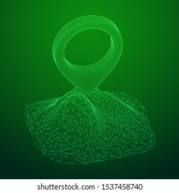 Geo map pin on mountain peak top. Place symbol GPS pictogram. Wireframe low poly mesh vector illustration