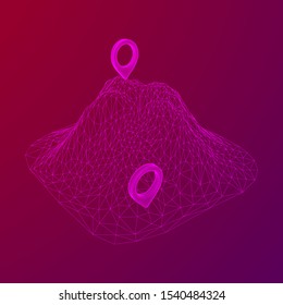Geo map pin on mountain peak top. Place symbol GPS pictogram. Wireframe low poly mesh vector illustration