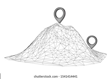 Geo map pin on mountain peak top. Place symbol GPS pictogram. Wireframe low poly mesh vector illustration