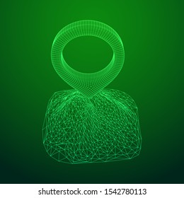 Geo map pin on mountain peak top. Place symbol GPS pictogram. Wireframe low poly mesh vector illustration