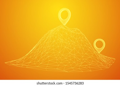 Geo map pin on mountain peak top. Place symbol GPS pictogram. Wireframe low poly mesh vector illustration