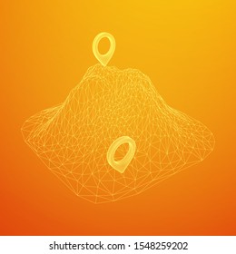 Geo map pin on mountain peak top. Place symbol GPS pictogram. Wireframe low poly mesh vector illustration
