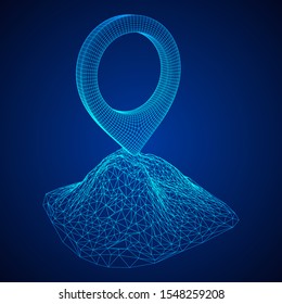 Geo map pin on mountain peak top. Place symbol GPS pictogram. Wireframe low poly mesh vector illustration