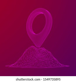 Geo map pin on mountain peak top. Place symbol GPS pictogram. Wireframe low poly mesh vector illustration