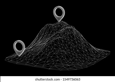 Geo map pin on mountain peak top. Place symbol GPS pictogram. Wireframe low poly mesh vector illustration