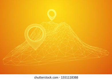 Geo map pin on mountain peak top. Place symbol GPS pictogram. Wireframe low poly mesh vector illustration
