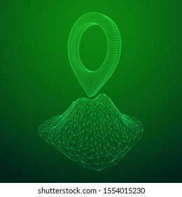 Geo map pin on mountain peak top. Place symbol GPS pictogram. Wireframe low poly mesh vector illustration