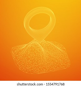 Geo map pin on mountain peak top. Place symbol GPS pictogram. Wireframe low poly mesh vector illustration