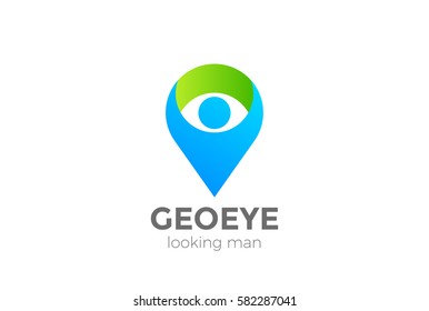 Geo Map Point Location Logo man holding design vector. 
Pin symbol City locator template. Gps navigation eye logotype icon.