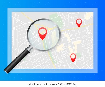 Geo map and zoom lens. City map on color background. Vector illustration.