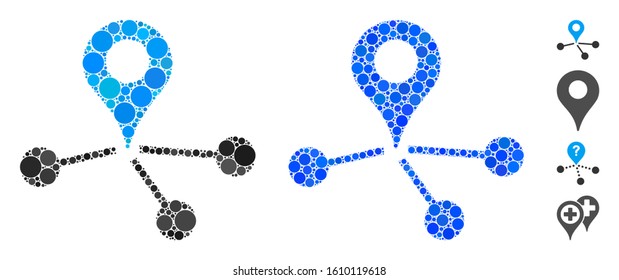 Geo network composition of circle elements in different sizes and color tints, based on geo network icon. Vector circle elements are grouped into blue composition.