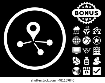Geo Network icon with bonus. Vector illustration style is flat iconic symbols, white color, black background.