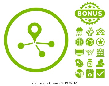 Geo Network icon with bonus. Vector illustration style is flat iconic symbols, eco green color, white background.