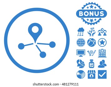 Geo Network icon with bonus. Vector illustration style is flat iconic symbols, cobalt color, white background.