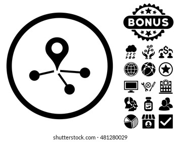 Geo Network icon with bonus. Vector illustration style is flat iconic symbols, black color, white background.