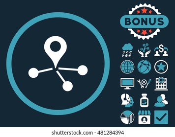 Geo Network icon with bonus. Vector illustration style is flat iconic bicolor symbols, blue and white colors, dark blue background.