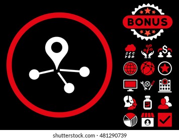 Geo Network icon with bonus. Vector illustration style is flat iconic bicolor symbols, red and white colors, black background.