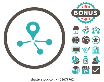 Geo Network icon with bonus. Vector illustration style is flat iconic bicolor symbols, grey and cyan colors, white background.