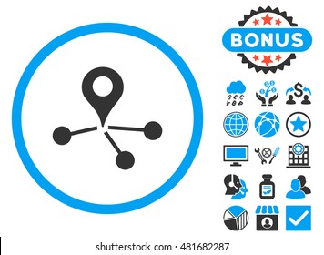 Geo Network icon with bonus. Vector illustration style is flat iconic bicolor symbols, blue and gray colors, white background.