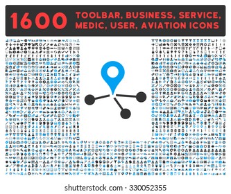 Geo Network vector icon and 1600 other business, service tools, medical care, software toolbar, web interface pictograms. Style is bicolor flat symbols, blue and gray colors, rounded angles, white