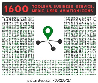 Geo Network vector icon and 1600 other business, service tools, medical care, software toolbar, web interface pictograms. Style is bicolor flat symbols, green and gray colors, rounded angles, white