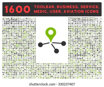 Geo Network vector icon and 1600 other business, service tools, medical care, software toolbar, web interface pictograms. Style is bicolor flat symbols, eco green and gray colors, rounded angles