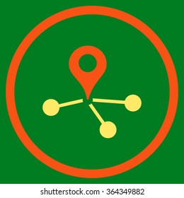 Geo Network vector icon. Style is bicolor flat circled symbol, orange and yellow colors, rounded angles, green background.