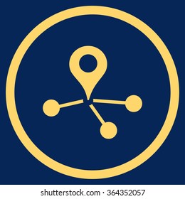 Geo Network vector icon. Style is flat circled symbol, yellow color, rounded angles, blue background.