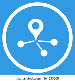 Geo Network vector icon. Style is flat circled symbol, white color, rounded angles, blue background.
