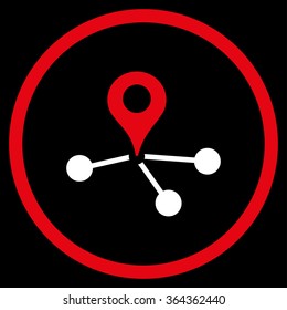 Geo Network vector icon. Style is bicolor flat circled symbol, red and white colors, rounded angles, black background.