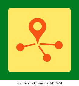 Geo Network vector icon. This flat rounded square button uses orange and yellow colors and isolated on a green background.