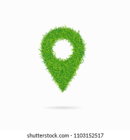 Geo pin composed of green grass on white background.