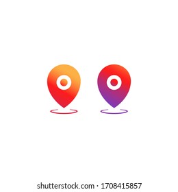 Geo pin, location icon in different colors or geolocation, gps, map pointer in social media instagram concept for applications, web, app. Isolated white background. EPS 10 vector.